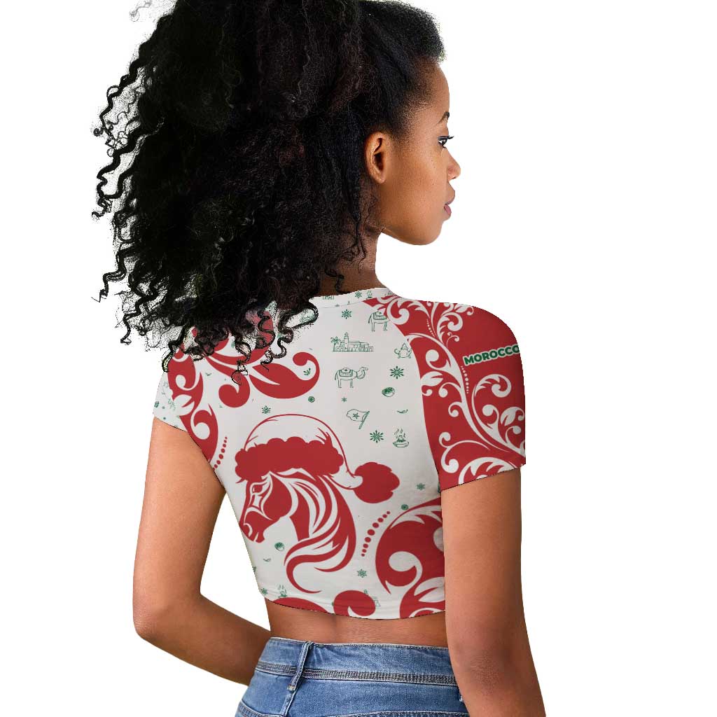 Morocco Christmas Raglan Cropped T shirt Red Horse Santa Hat Arabesque Pattern a - African Pride