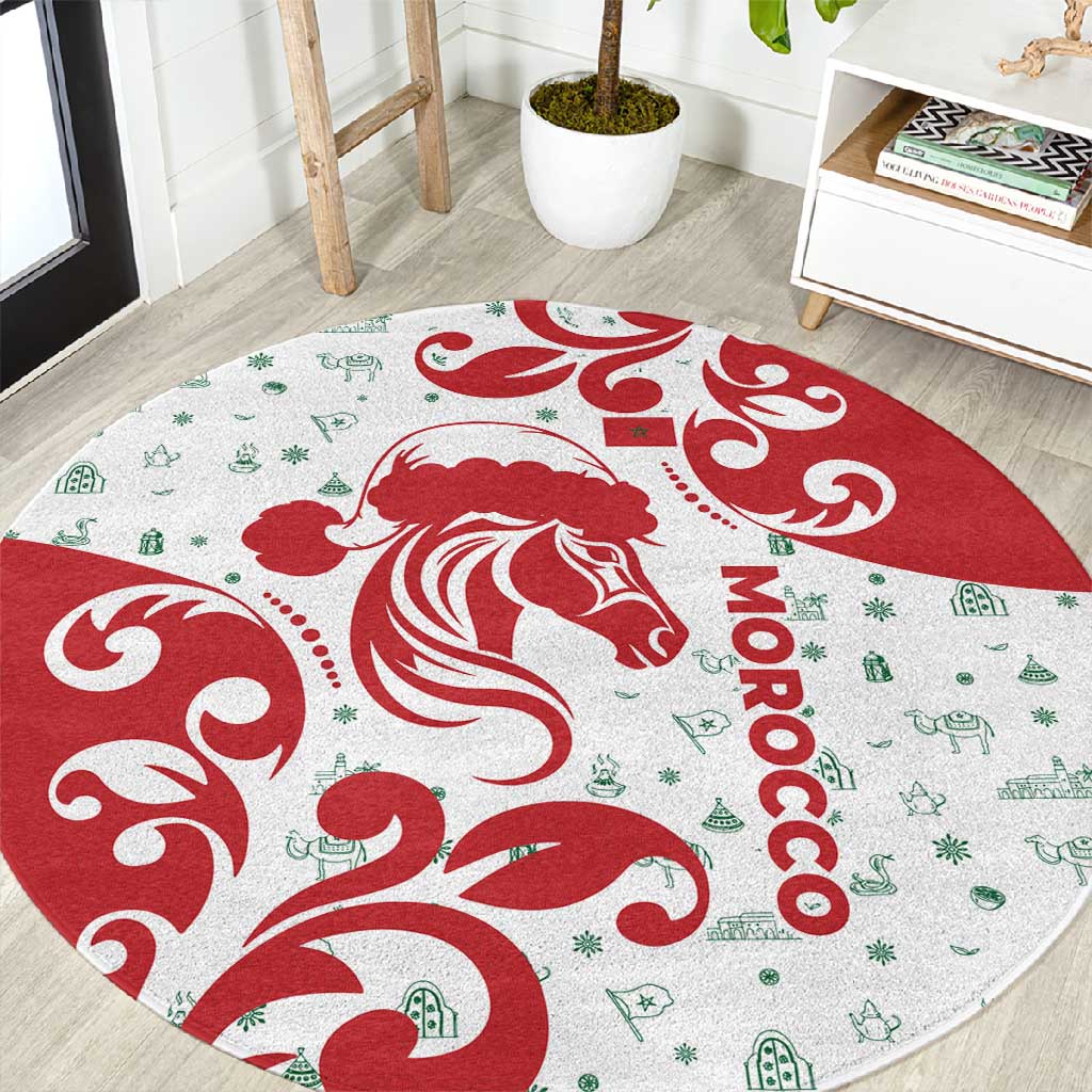 Morocco Christmas Round Carpet Red Horse Santa Hat Arabesque Pattern a - African Pride