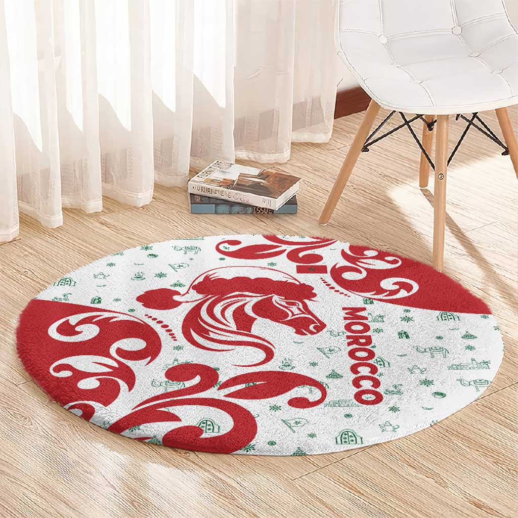 Morocco Christmas Round Carpet Red Horse Santa Hat Arabesque Pattern a - African Pride