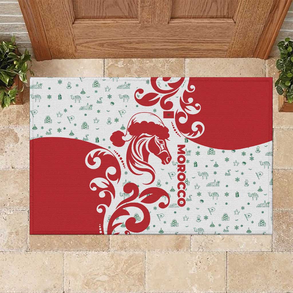 Morocco Christmas Rubber Doormat Red Horse Santa Hat Arabesque Pattern a - African Pride