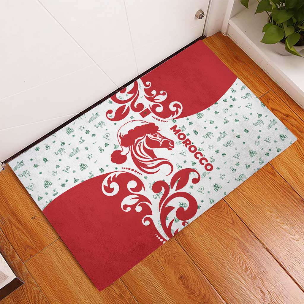 Morocco Christmas Rubber Doormat Red Horse Santa Hat Arabesque Pattern a - African Pride