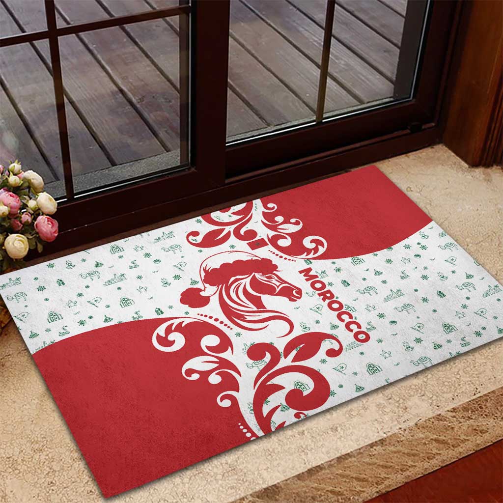 Morocco Christmas Rubber Doormat Red Horse Santa Hat Arabesque Pattern a - African Pride