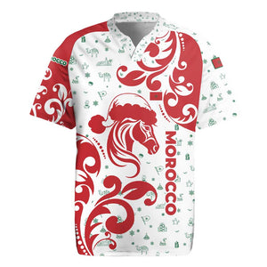 Morocco Christmas Rugby Jersey Red Horse Santa Hat Arabesque Pattern a - African Pride