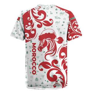 Morocco Christmas Rugby Jersey Red Horse Santa Hat Arabesque Pattern a - African Pride