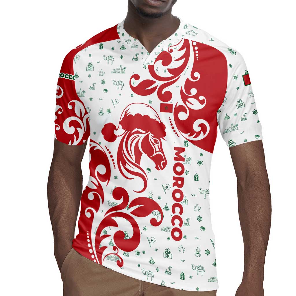 Morocco Christmas Rugby Jersey Red Horse Santa Hat Arabesque Pattern a - African Pride