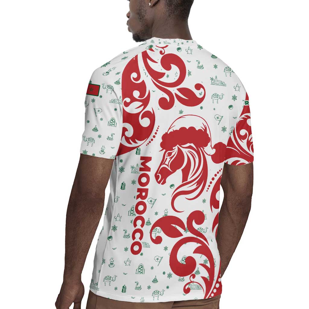 Morocco Christmas Rugby Jersey Red Horse Santa Hat Arabesque Pattern a - African Pride