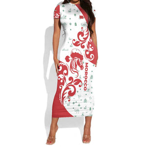 Morocco Christmas Short Sleeve Bodycon Dress Red Horse Santa Hat Arabesque Pattern a - African Pride