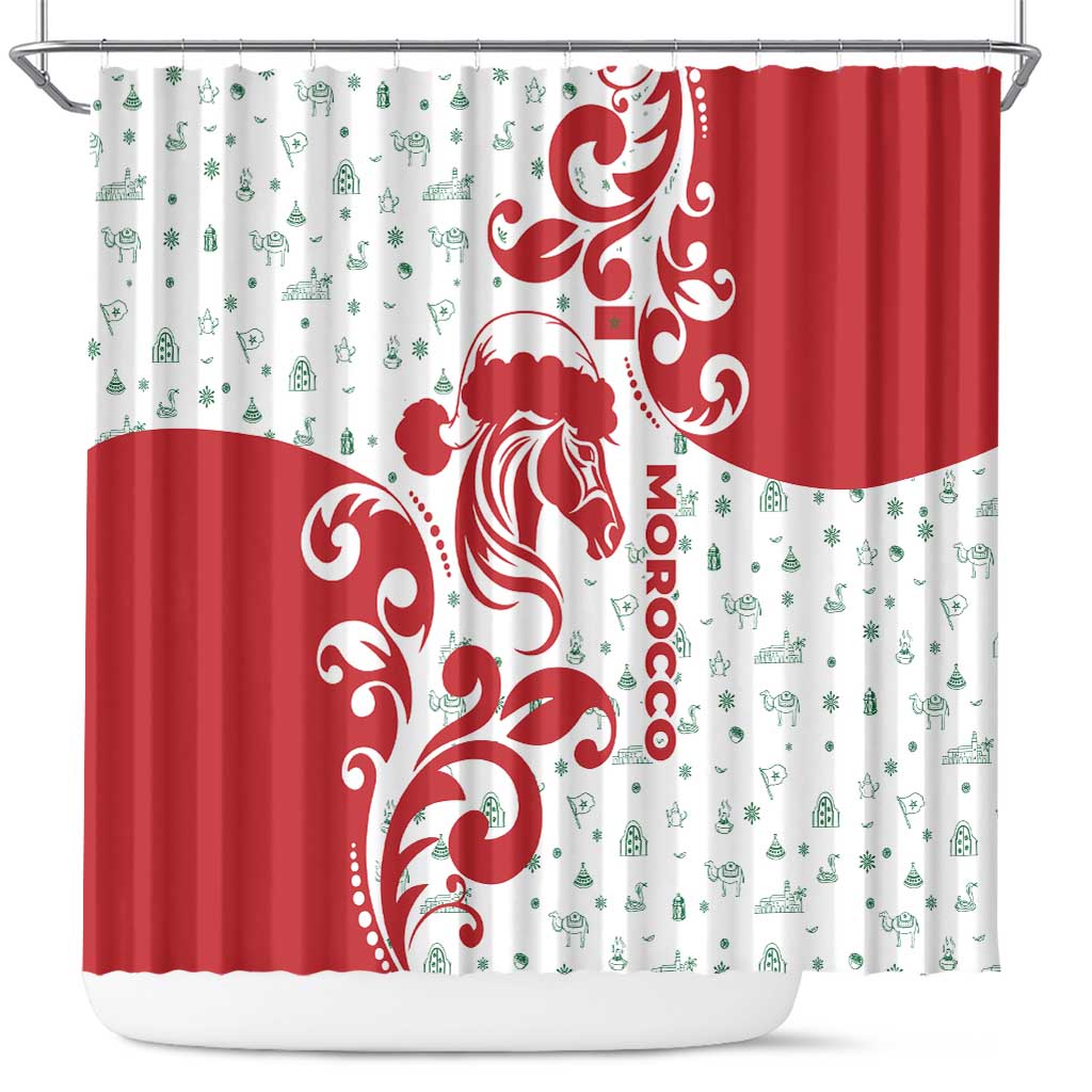Morocco Christmas Shower Curtain Red Horse Santa Hat Arabesque Pattern a - African Pride