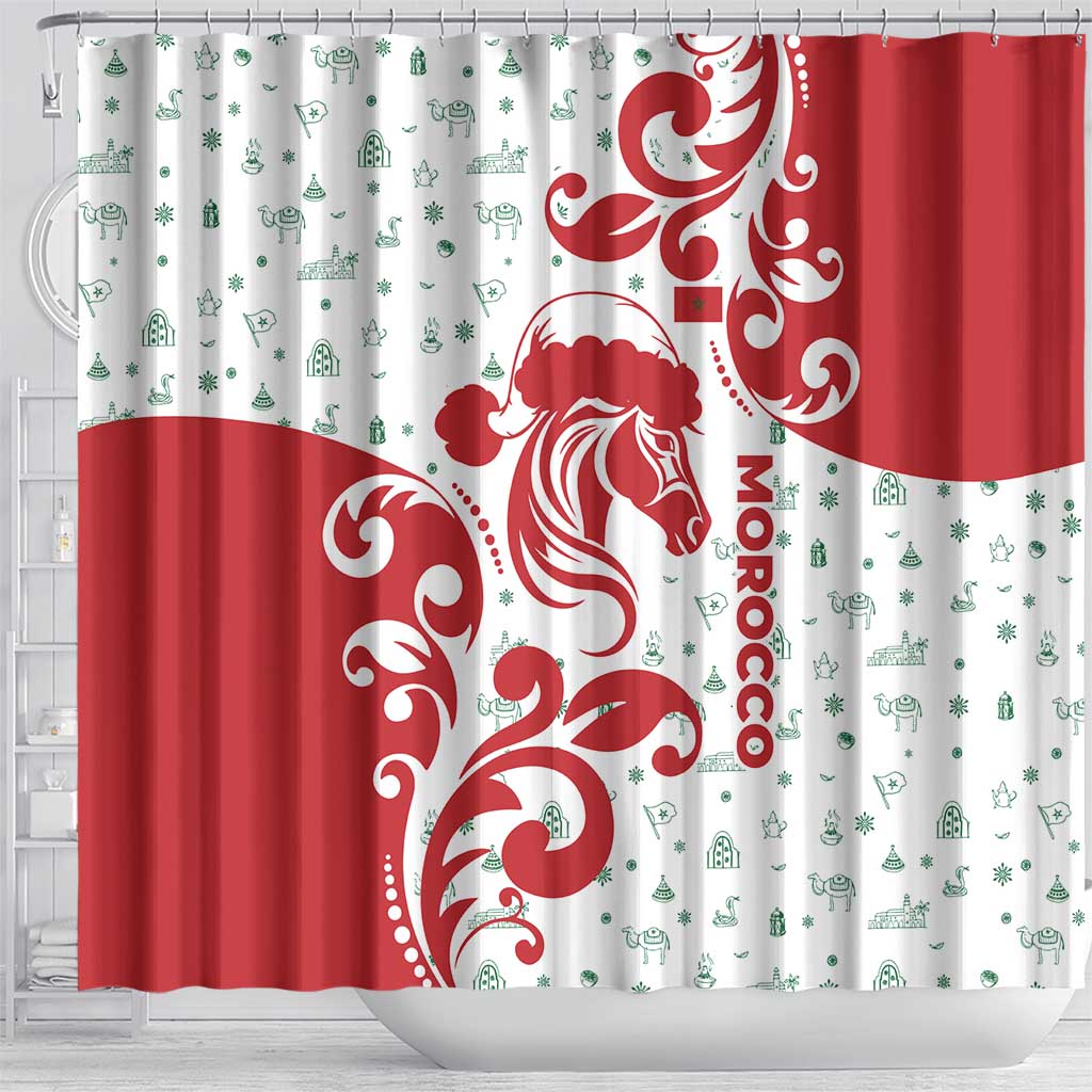 Morocco Christmas Shower Curtain Red Horse Santa Hat Arabesque Pattern a - African Pride