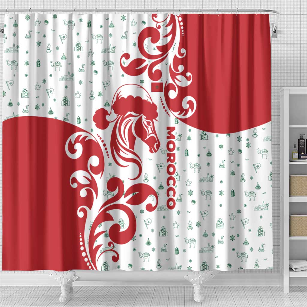 Morocco Christmas Shower Curtain Red Horse Santa Hat Arabesque Pattern a - African Pride