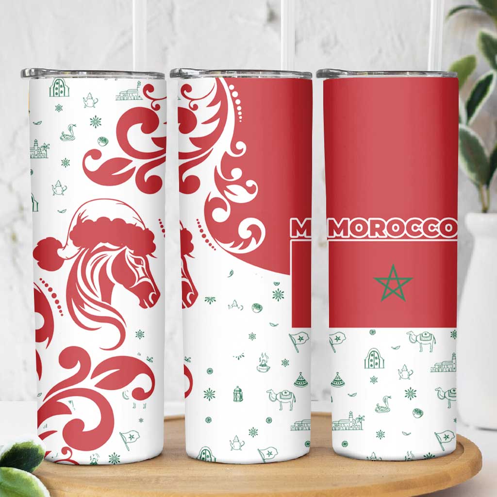 Morocco Christmas Skinny Tumbler Red Horse Santa Hat Arabesque Pattern a - African Pride