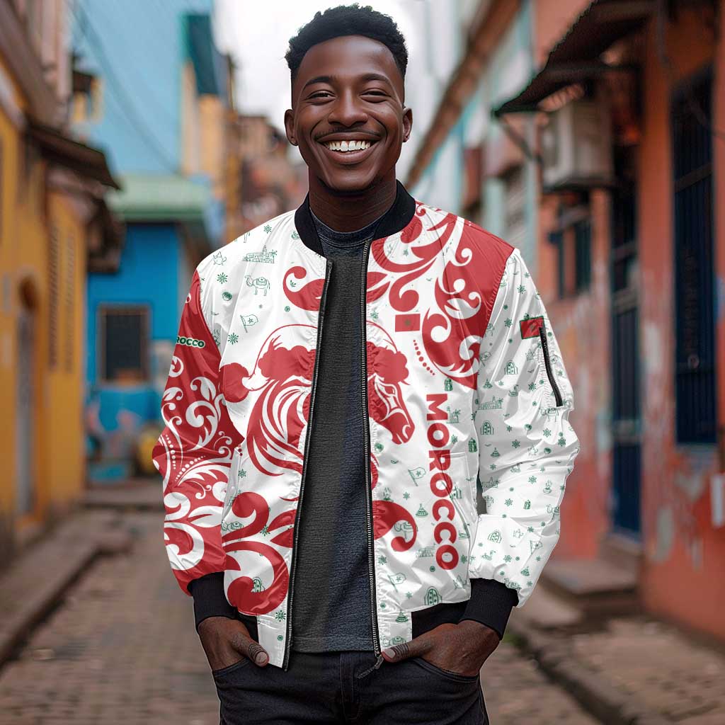 Morocco Christmas Sleeve Zip Bomber Jacket Red Horse Santa Hat Arabesque Pattern a - African Pride