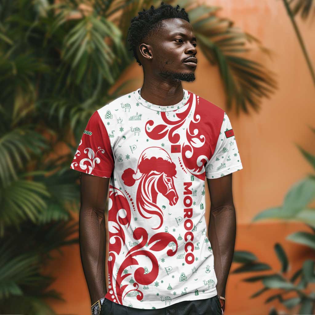 Morocco Christmas T shirt Red Horse Santa Hat Arabesque Pattern a - African Pride