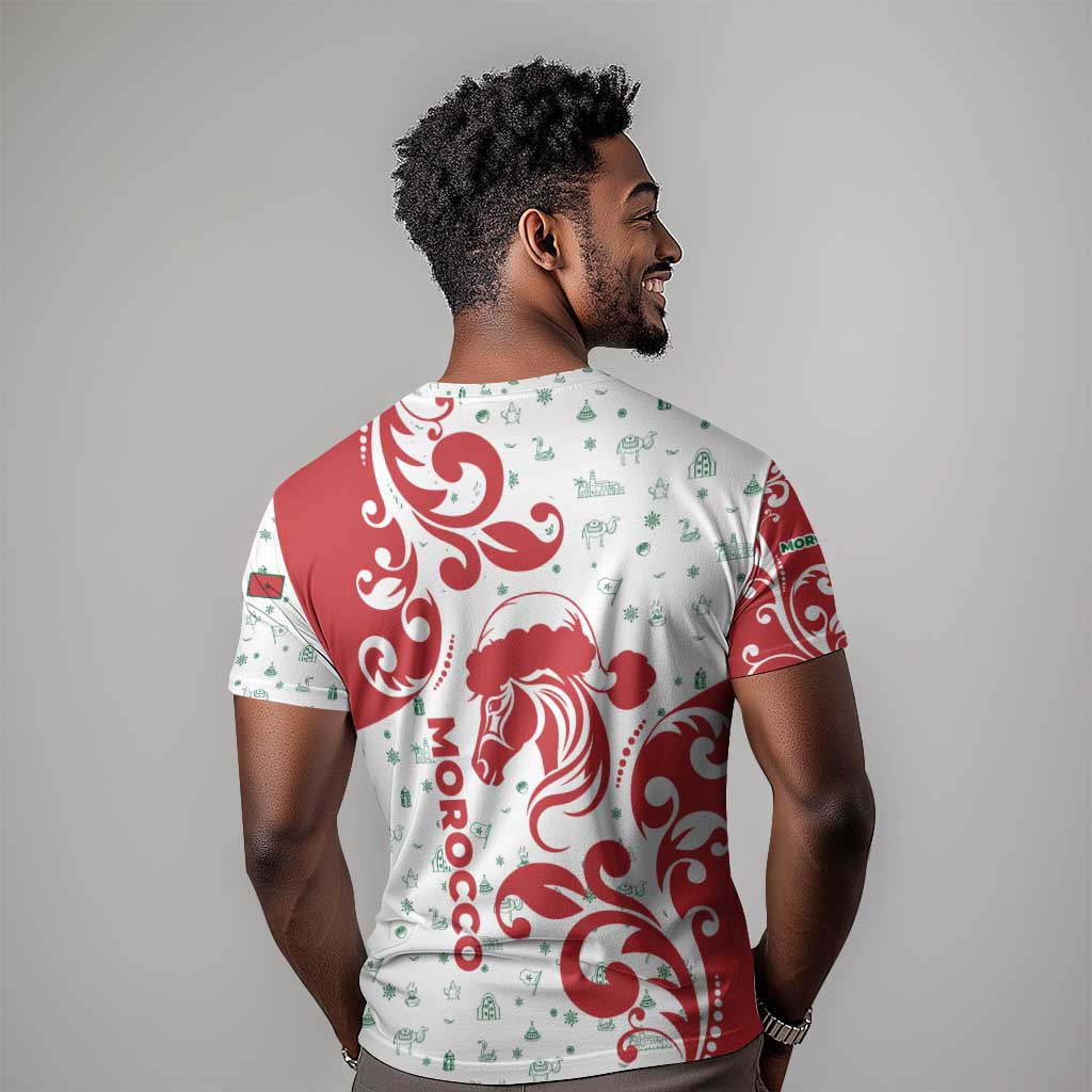 Morocco Christmas T shirt Red Horse Santa Hat Arabesque Pattern a - African Pride