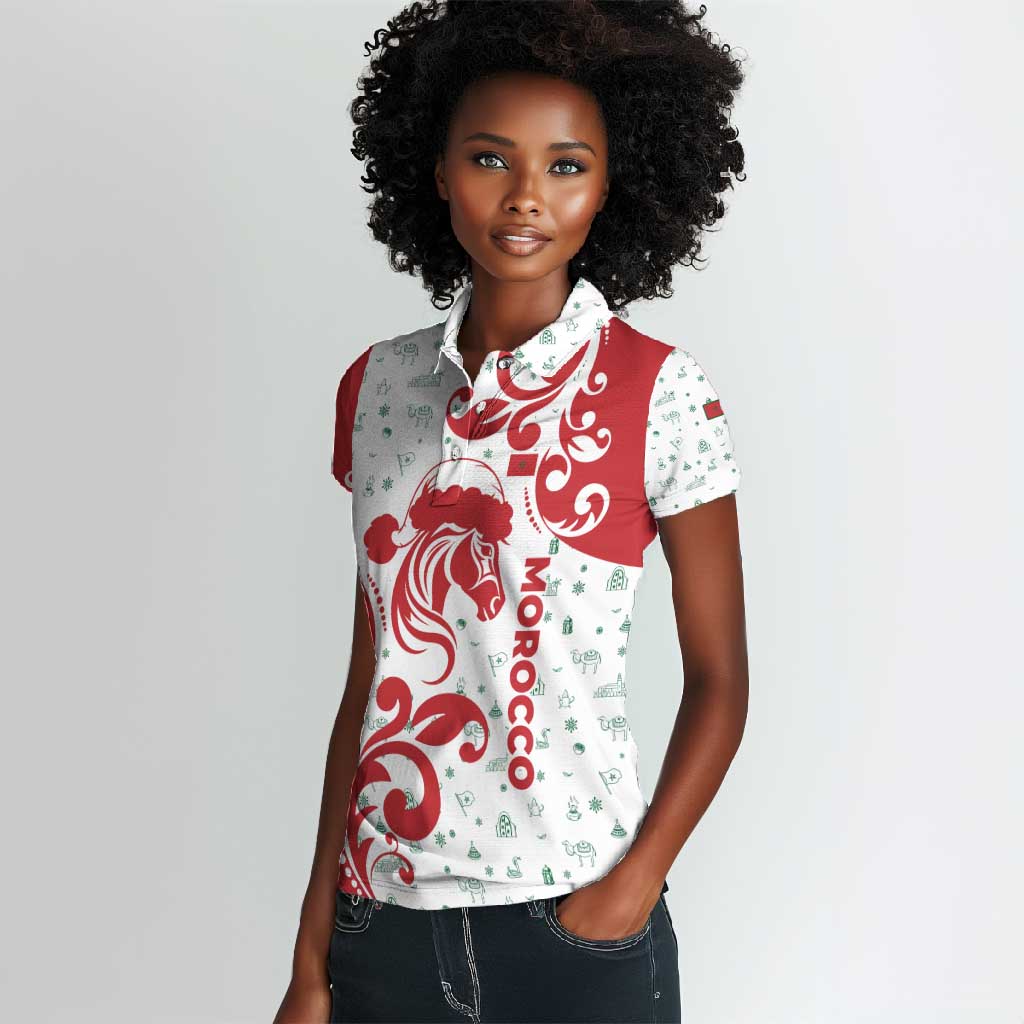 Morocco Christmas Women Polo Shirt Red Horse Santa Hat Arabesque Pattern a - African Pride