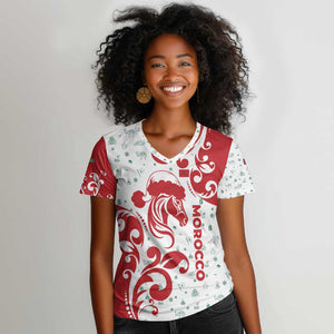 Morocco Christmas Women V-Neck T-Shirt Red Horse Santa Hat Arabesque Pattern a - African Pride