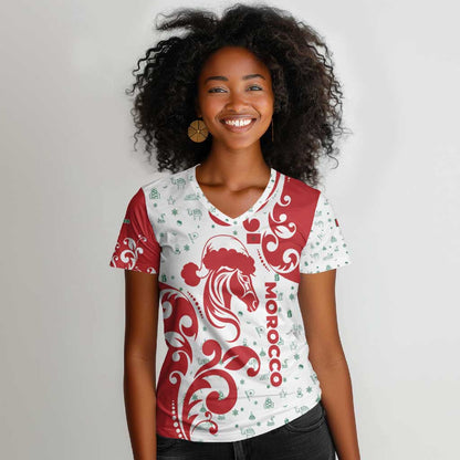 Morocco Christmas Women V-Neck T-Shirt Red Horse Santa Hat Arabesque Pattern a - African Pride