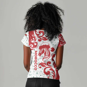 Morocco Christmas Women V-Neck T-Shirt Red Horse Santa Hat Arabesque Pattern a - African Pride