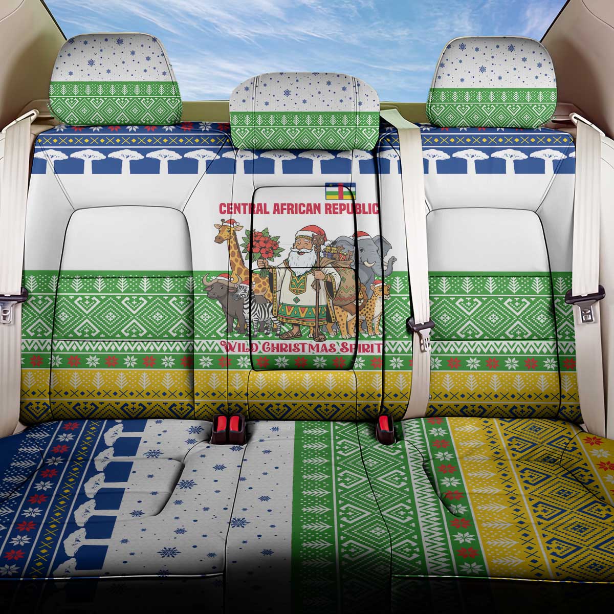Central African Republic Christmas Back Car Seat Cover Santa and Safari Animals Baobab Trees Snowflakes - African Pride
