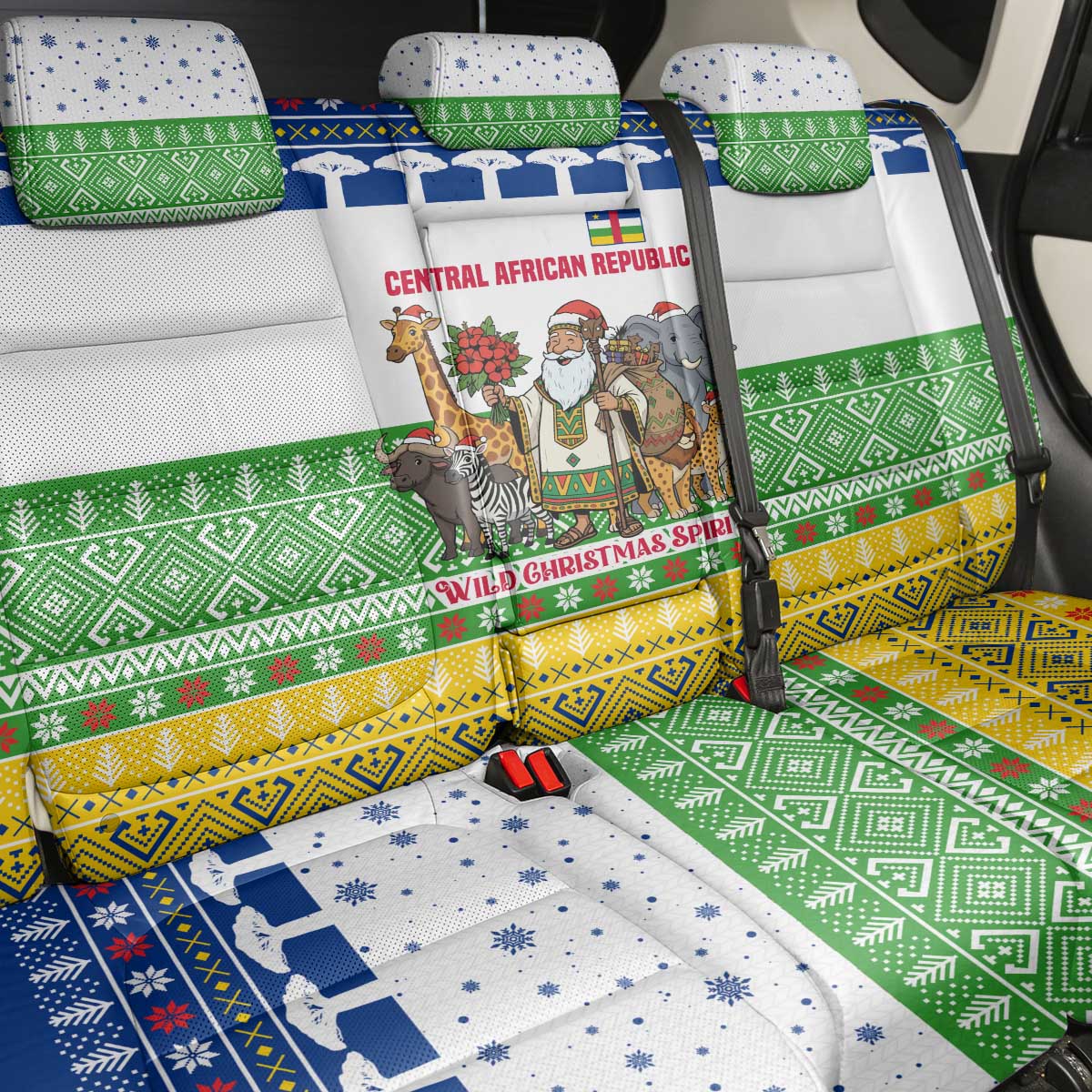 Central African Republic Christmas Back Car Seat Cover Santa and Safari Animals Baobab Trees Snowflakes - African Pride