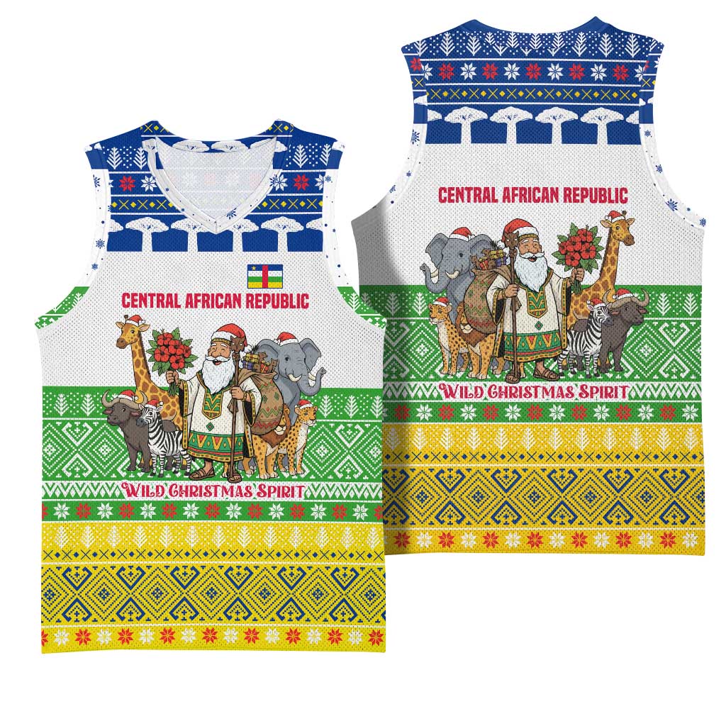 Central African Republic Christmas Basketball Jersey Santa and Safari Animals Baobab Trees Snowflakes - African Pride
