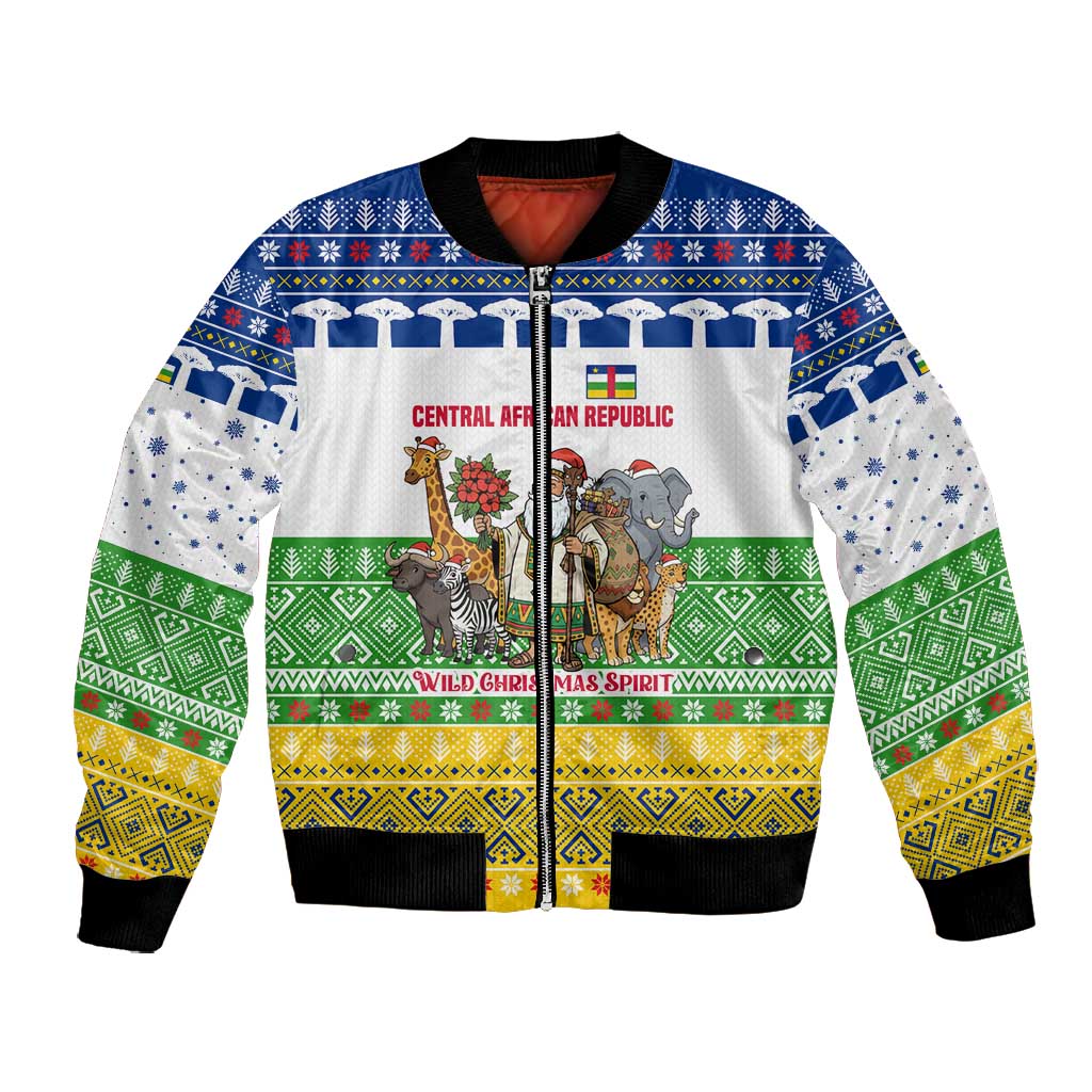 Central African Republic Christmas Bomber Jacket Santa and Safari Animals Baobab Trees Snowflakes - African Pride