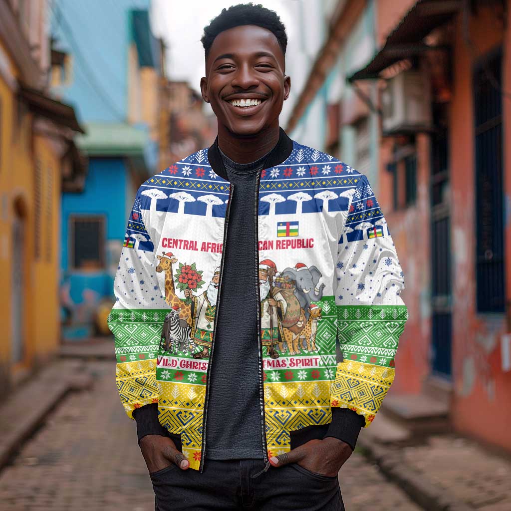 Central African Republic Christmas Bomber Jacket Santa and Safari Animals Baobab Trees Snowflakes - African Pride