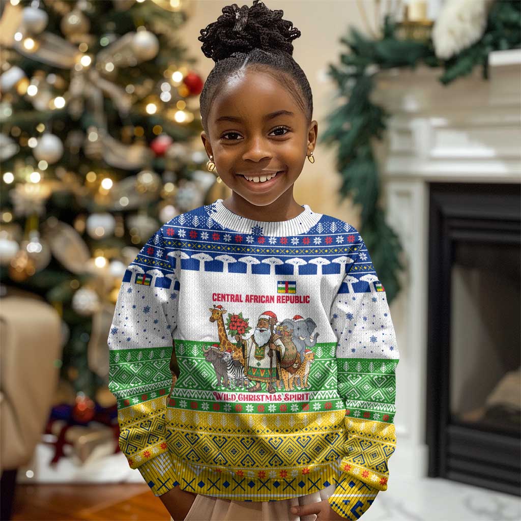 Central African Republic Christmas Kid Ugly Christmas Sweater Santa and Safari Animals Baobab Trees Snowflakes - African Pride
