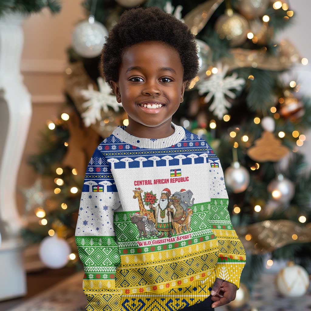 Central African Republic Christmas Kid Ugly Christmas Sweater Santa and Safari Animals Baobab Trees Snowflakes - African Pride