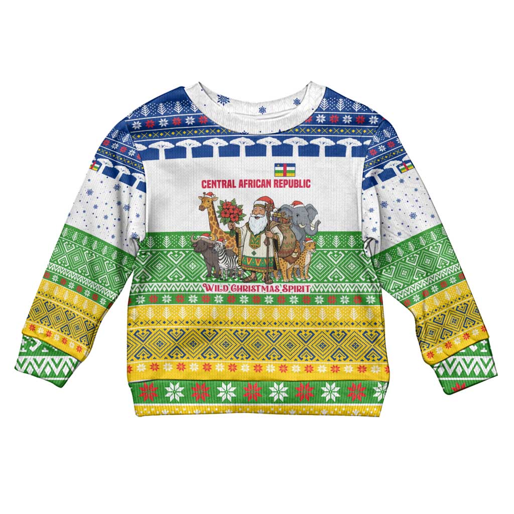 Central African Republic Christmas Kid Ugly Christmas Sweater Santa and Safari Animals Baobab Trees Snowflakes - African Pride