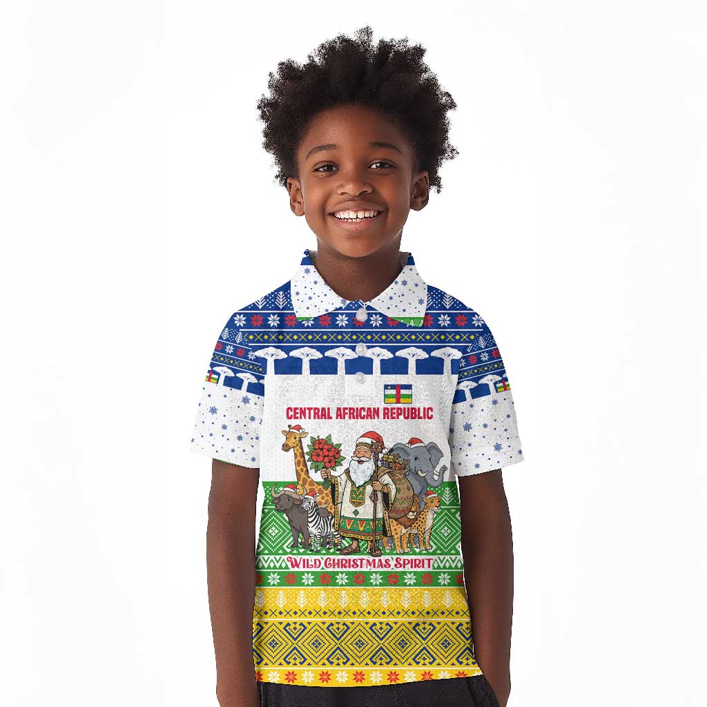Central African Republic Christmas Kid Polo Shirt Santa and Safari Animals Baobab Trees Snowflakes - African Pride
