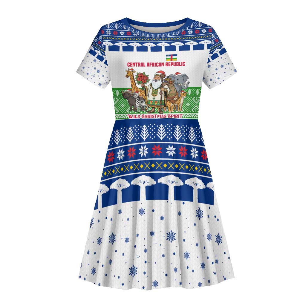 Central African Republic Christmas Kid Short Sleeve Dress Santa and Safari Animals Baobab Trees Snowflakes - African Pride