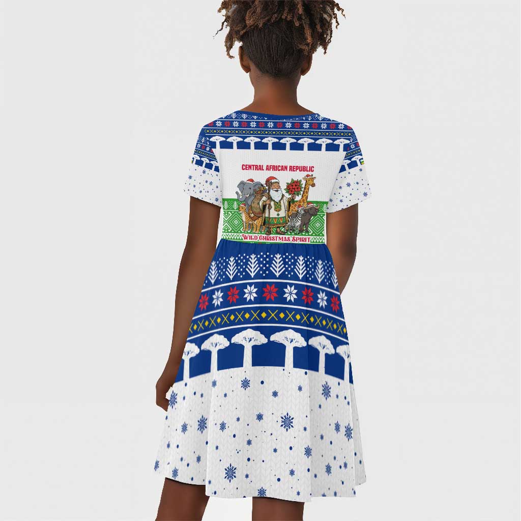 Central African Republic Christmas Kid Short Sleeve Dress Santa and Safari Animals Baobab Trees Snowflakes - African Pride