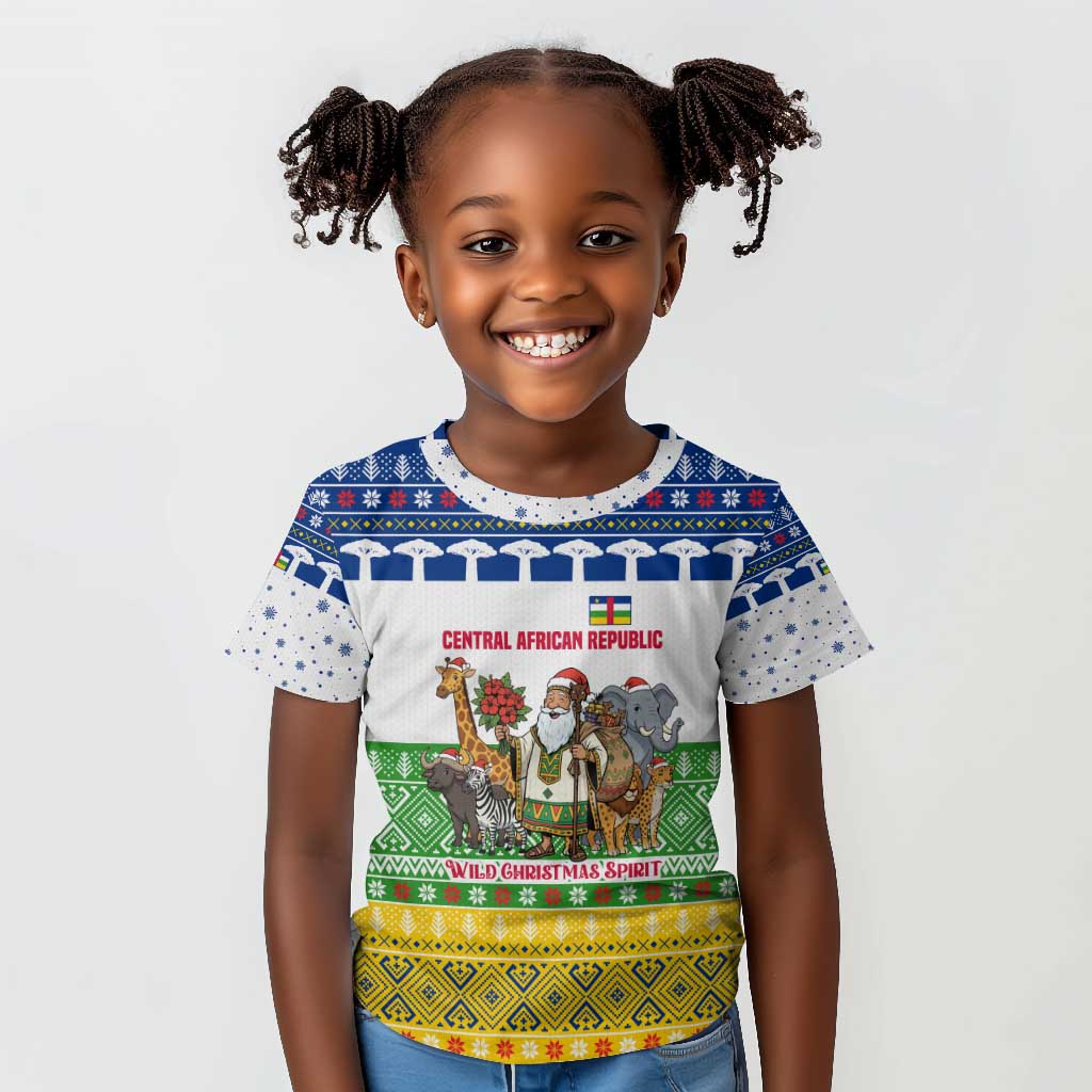 Central African Republic Christmas Kid T shirt Santa and Safari Animals Baobab Trees Snowflakes - African Pride