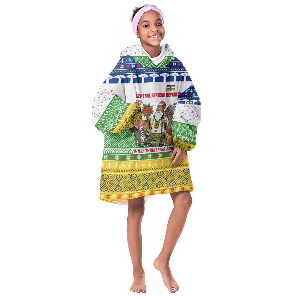 Central African Republic Christmas Kid Wearable Blanket Hoodie Santa and Safari Animals Baobab Trees Snowflakes - African Pride
