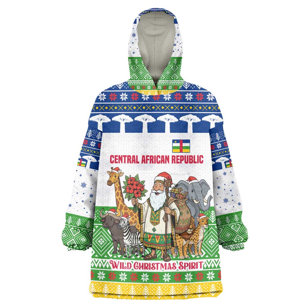 Central African Republic Christmas Kid Wearable Blanket Hoodie Santa and Safari Animals Baobab Trees Snowflakes - African Pride