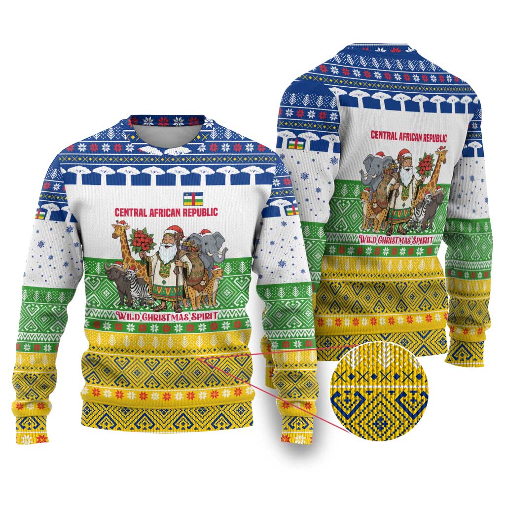 Central African Republic Christmas Ugly Christmas Sweater Santa and Safari Animals Baobab Trees Snowflakes - African Pride