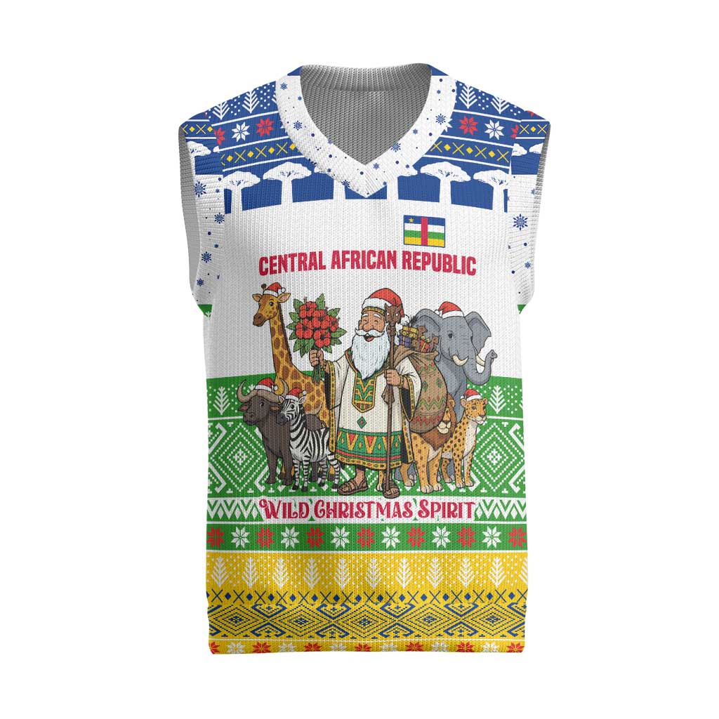 Central African Republic Christmas Knitted V-Neck Vest Santa and Safari Animals Baobab Trees Snowflakes - African Pride
