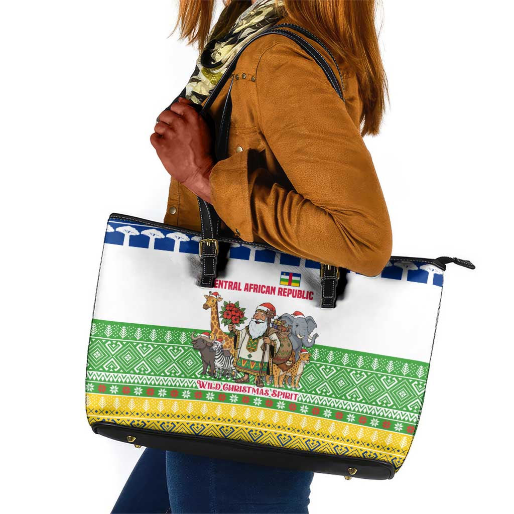 Central African Republic Christmas Leather Tote Bag Santa and Safari Animals Baobab Trees Snowflakes - African Pride
