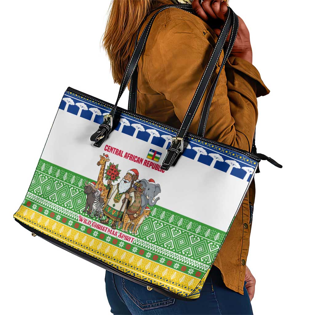 Central African Republic Christmas Leather Tote Bag Santa and Safari Animals Baobab Trees Snowflakes - African Pride