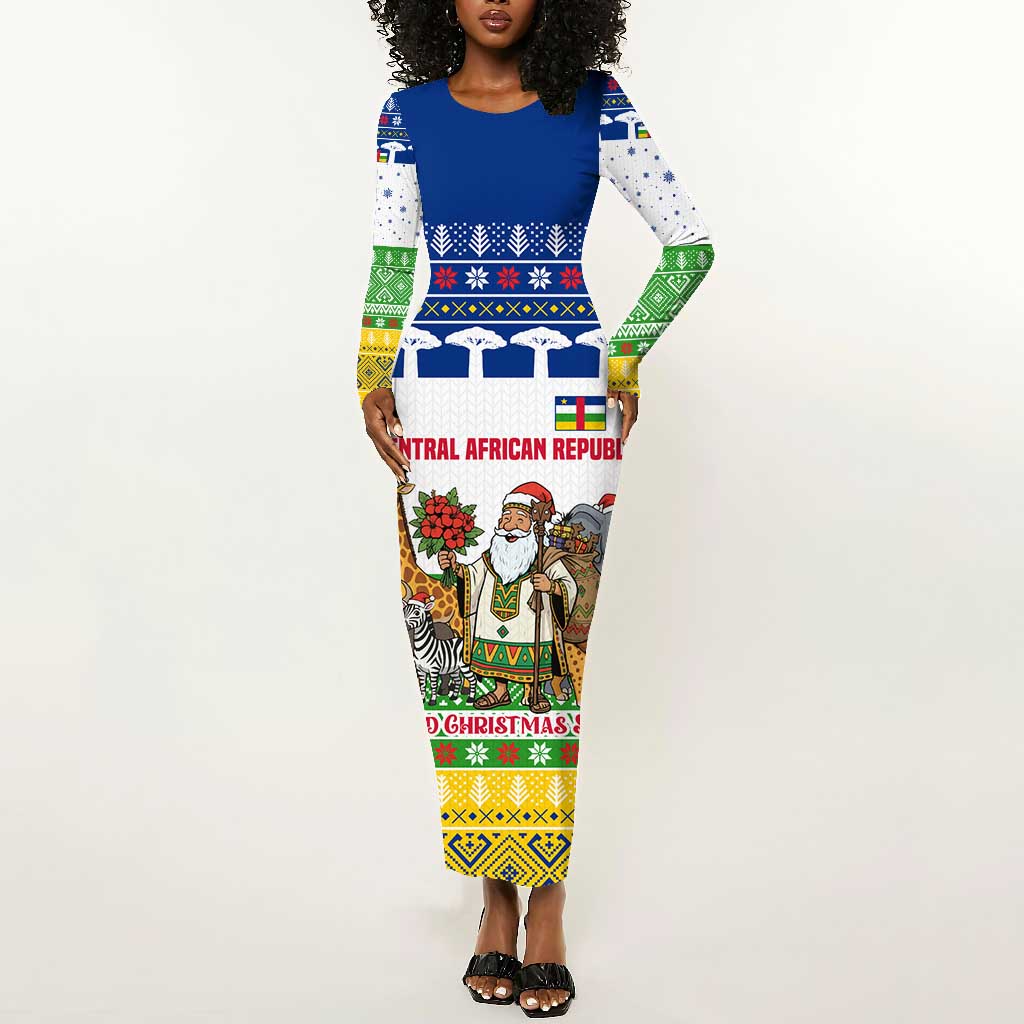 Central African Republic Christmas Long Sleeve Bodycon Dress Santa and Safari Animals Baobab Trees Snowflakes - African Pride