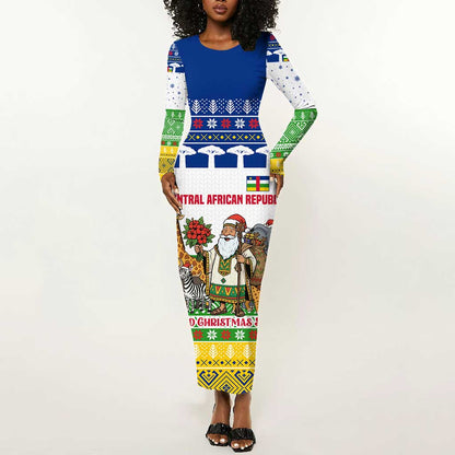 Central African Republic Christmas Long Sleeve Bodycon Dress Santa and Safari Animals Baobab Trees Snowflakes - African Pride