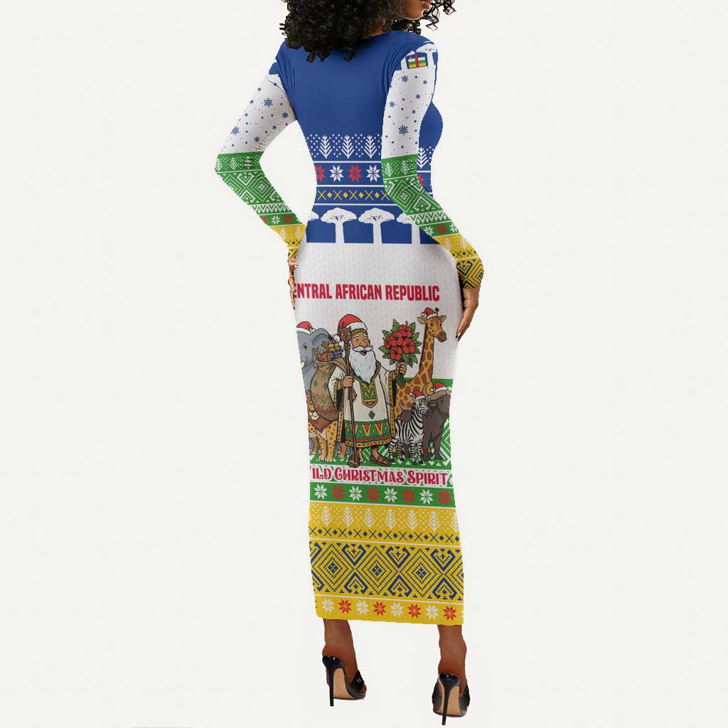 Central African Republic Christmas Long Sleeve Bodycon Dress Santa and Safari Animals Baobab Trees Snowflakes - African Pride