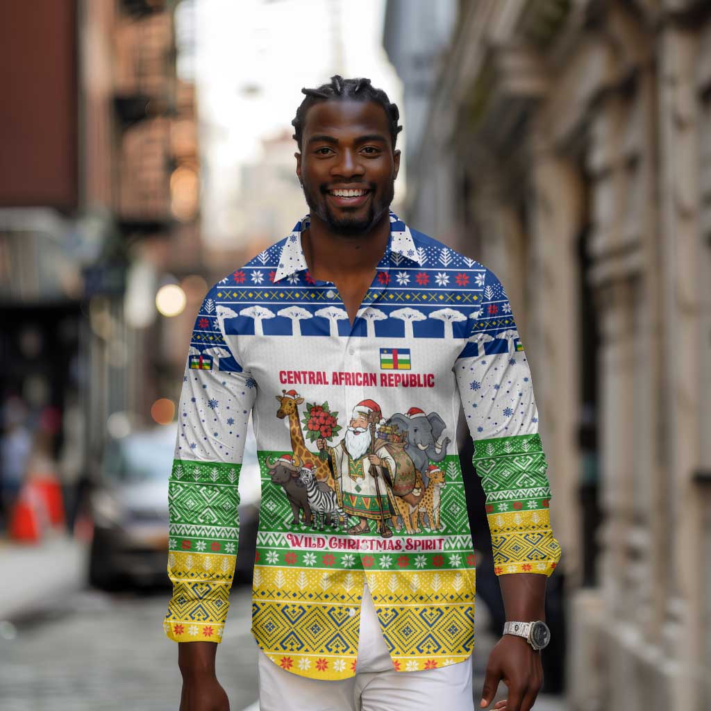 Central African Republic Christmas Long Sleeve Button Shirt Santa and Safari Animals Baobab Trees Snowflakes - African Pride