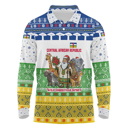 Central African Republic Christmas Long Sleeve Polo Shirt Santa and Safari Animals Baobab Trees Snowflakes - African Pride