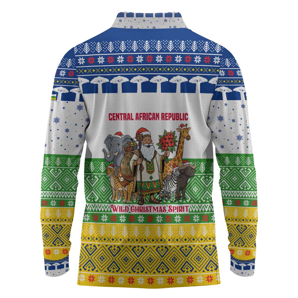 Central African Republic Christmas Long Sleeve Polo Shirt Santa and Safari Animals Baobab Trees Snowflakes - African Pride