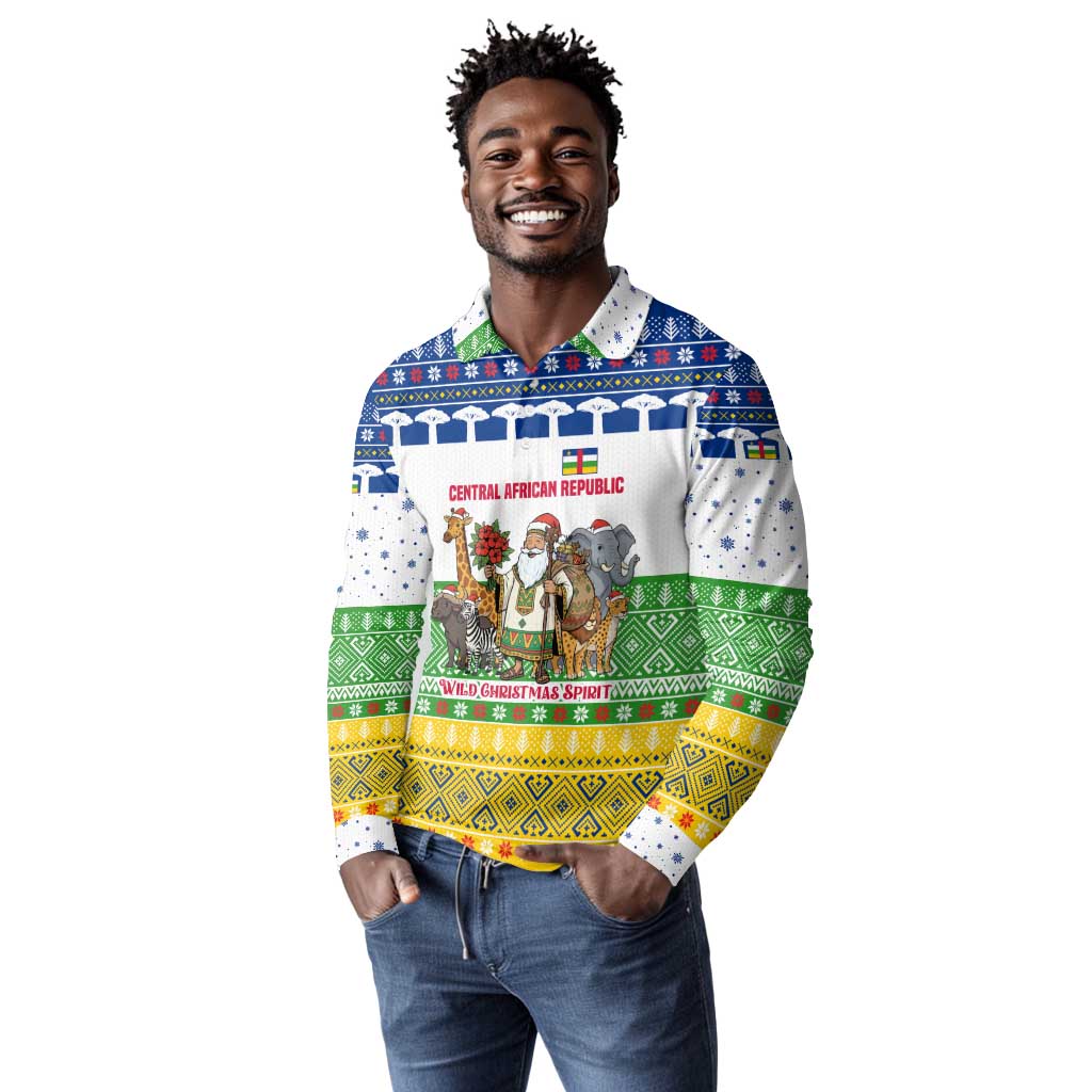 Central African Republic Christmas Long Sleeve Polo Shirt Santa and Safari Animals Baobab Trees Snowflakes - African Pride