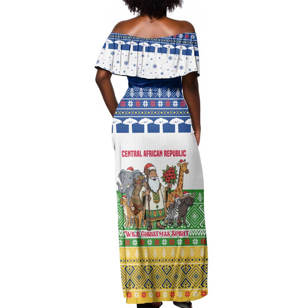 Central African Republic Christmas Off Shoulder Maxi Dress Santa and Safari Animals Baobab Trees Snowflakes - African Pride