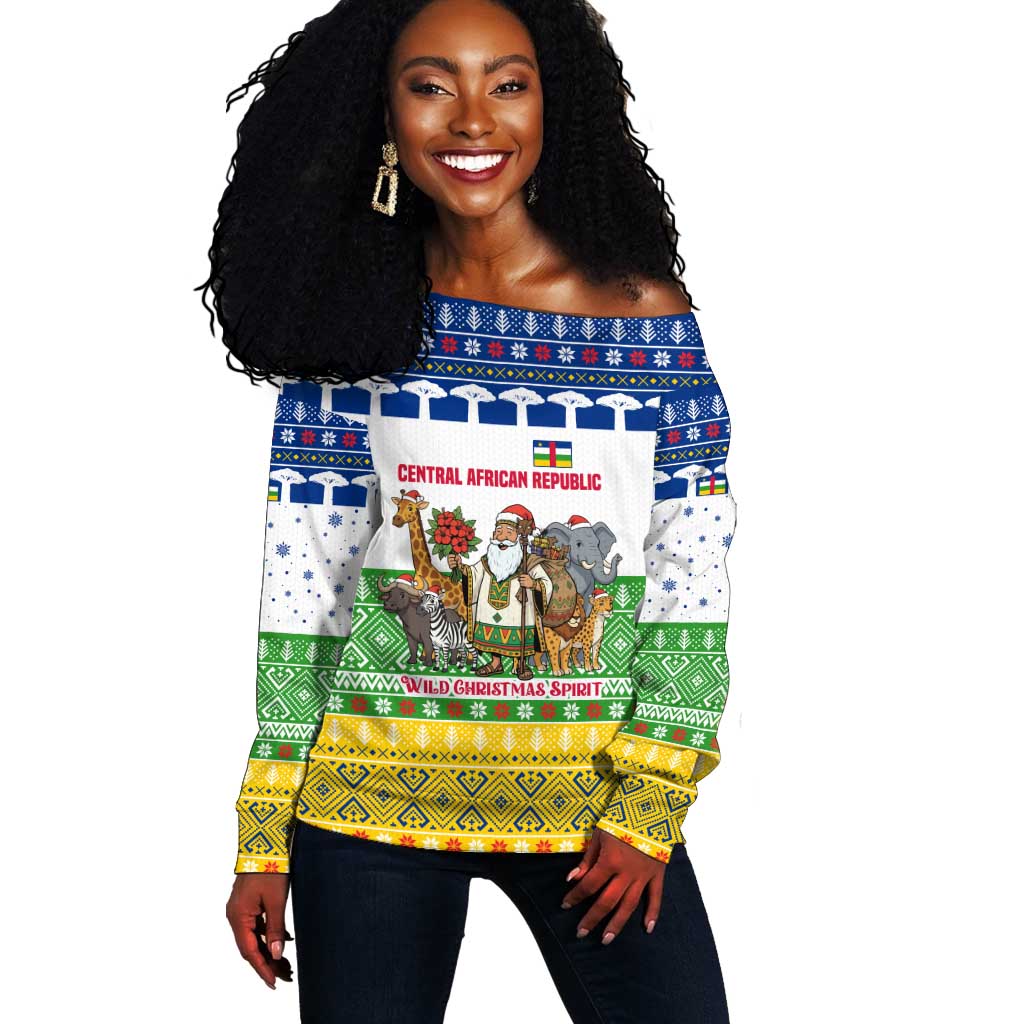 Central African Republic Christmas Off Shoulder Sweater Santa and Safari Animals Baobab Trees Snowflakes - African Pride