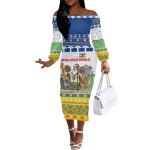 Central African Republic Christmas Off The Shoulder Long Sleeve Dress Santa and Safari Animals Baobab Trees Snowflakes - African Pride